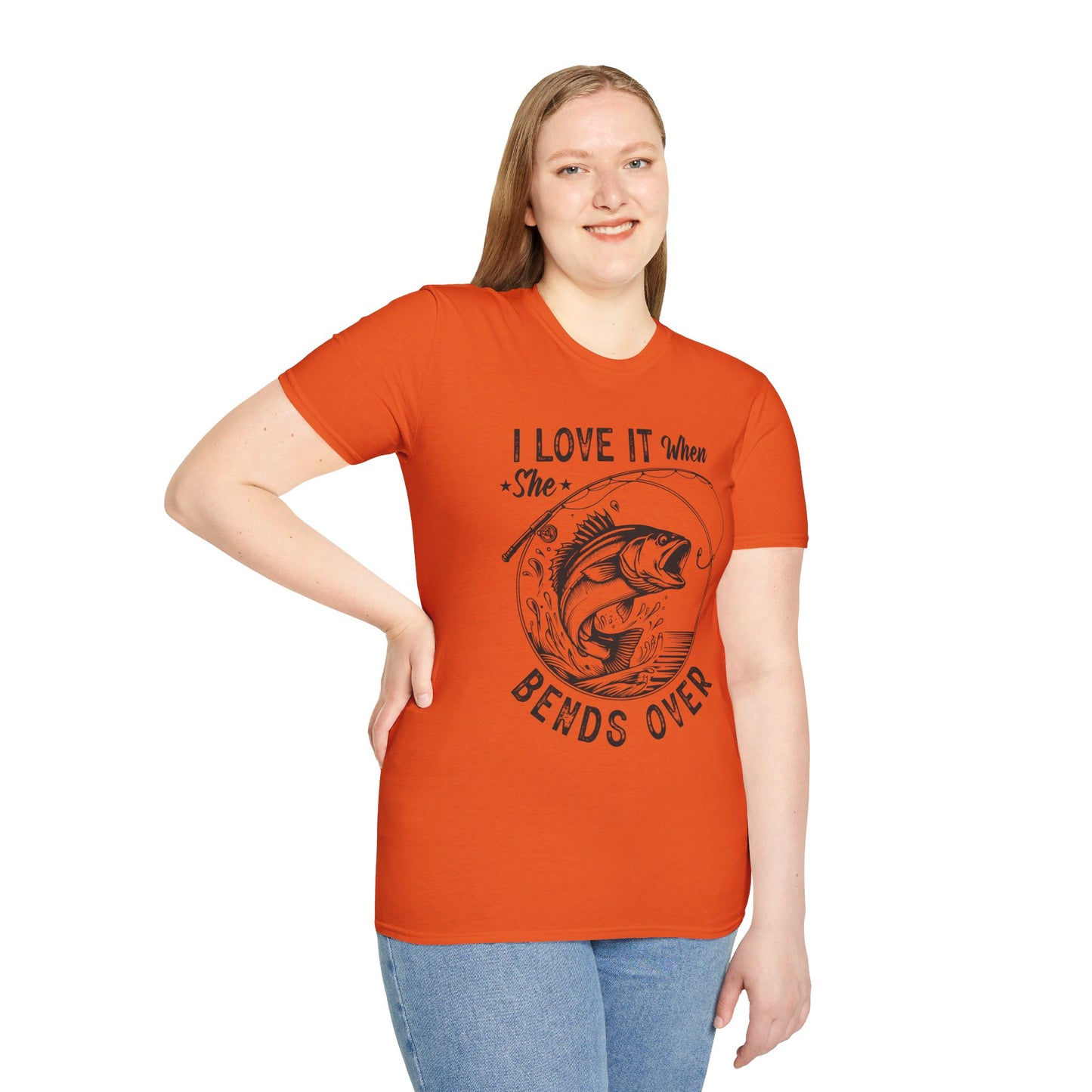 I LOVE IT WHEN SHE BENDS OVER. FISHING HUMOR. Cotton, Short Sleeve, Crew Neck Tee.