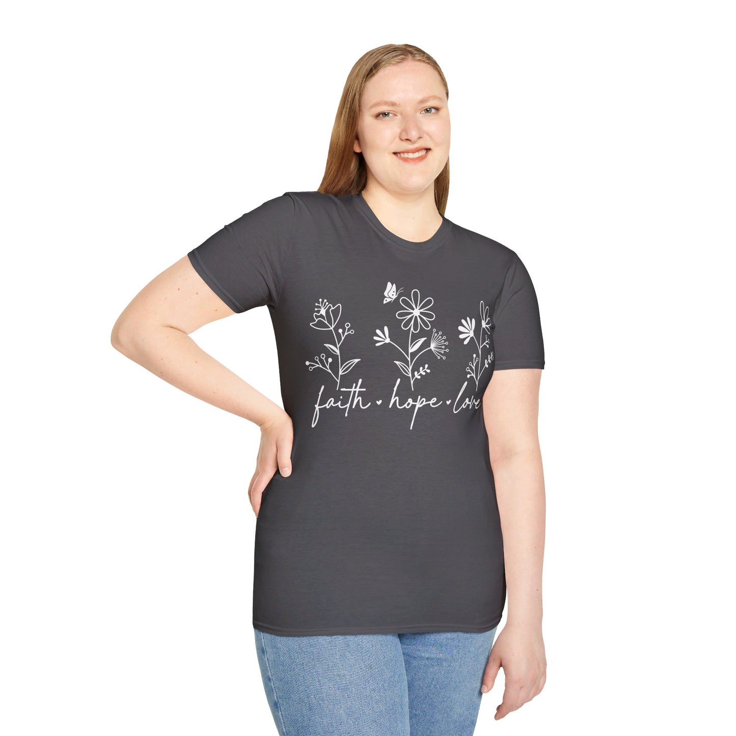 FAITH, HOPE, LOVE, FLOWERS. Cotton, Short Sleeve, Crew Neck Tee in Dark Colors.