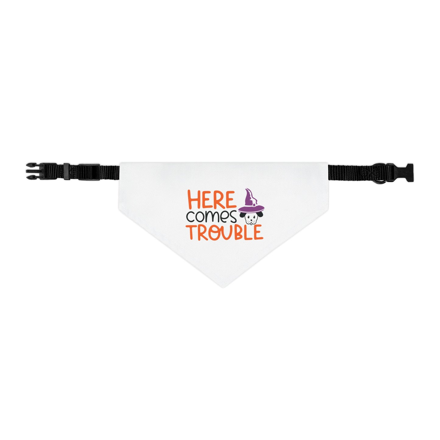 HERE COMES THROUBLE. HALLOWEEN PET HUMOR. Pet Bandana Collar in Four Sizes.