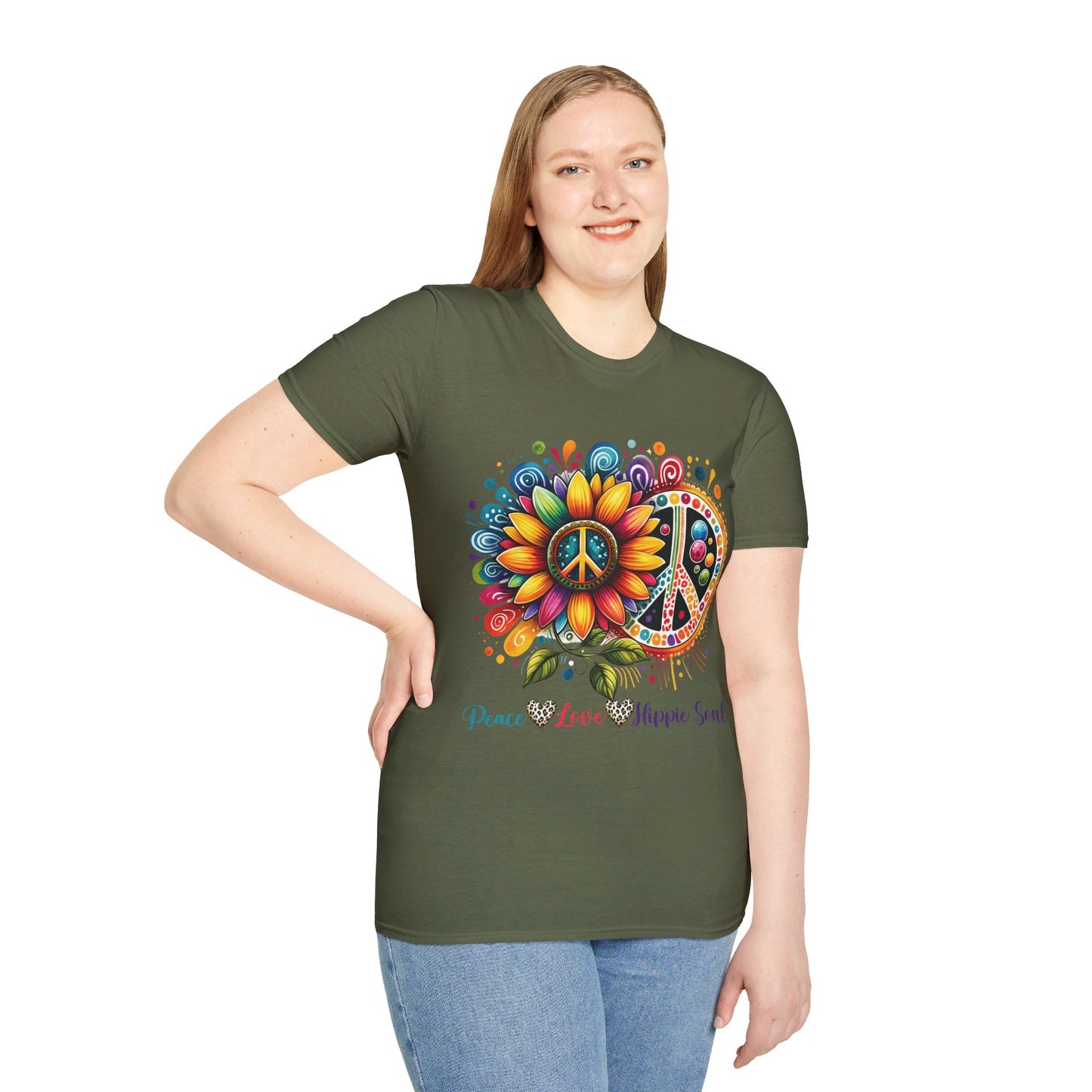 PEACE, LOVE, HIPPIE SOUL. Cotton, Short Sleeve, Crew Neck Tee.