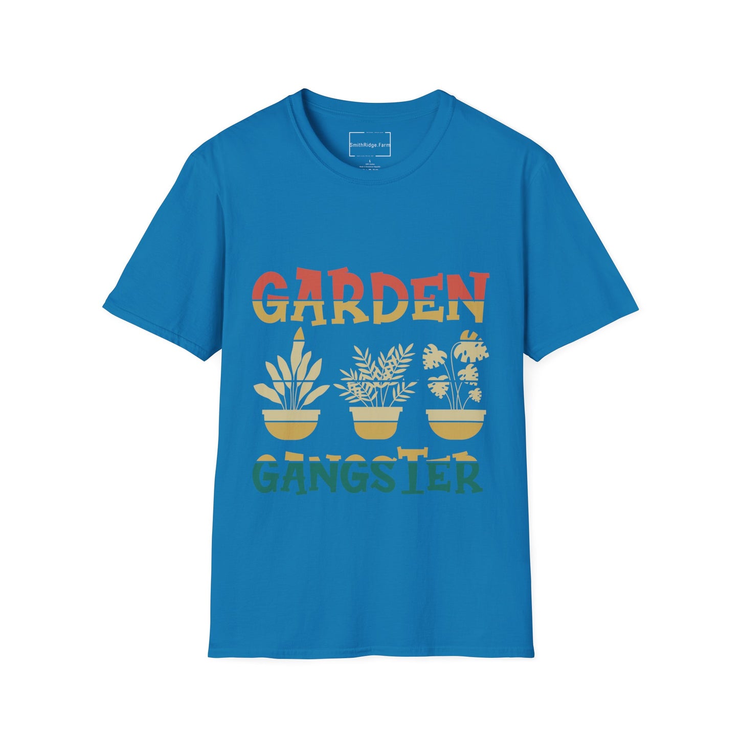 GARDEN GANGSTER. GARDENING HUMOR. Cotton, Short Sleeve, Crew Neck Tee.
