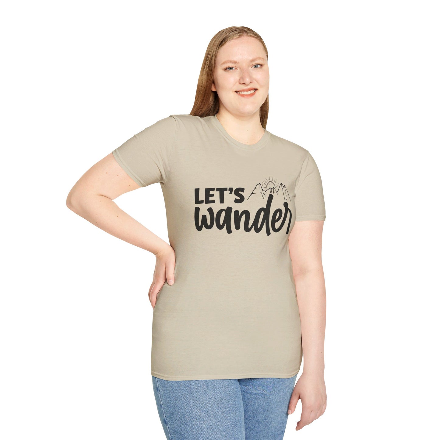 LET'S WANDER. HIKING HUMOR. Cotton, Short Sleeve, Crew Neck Tee.