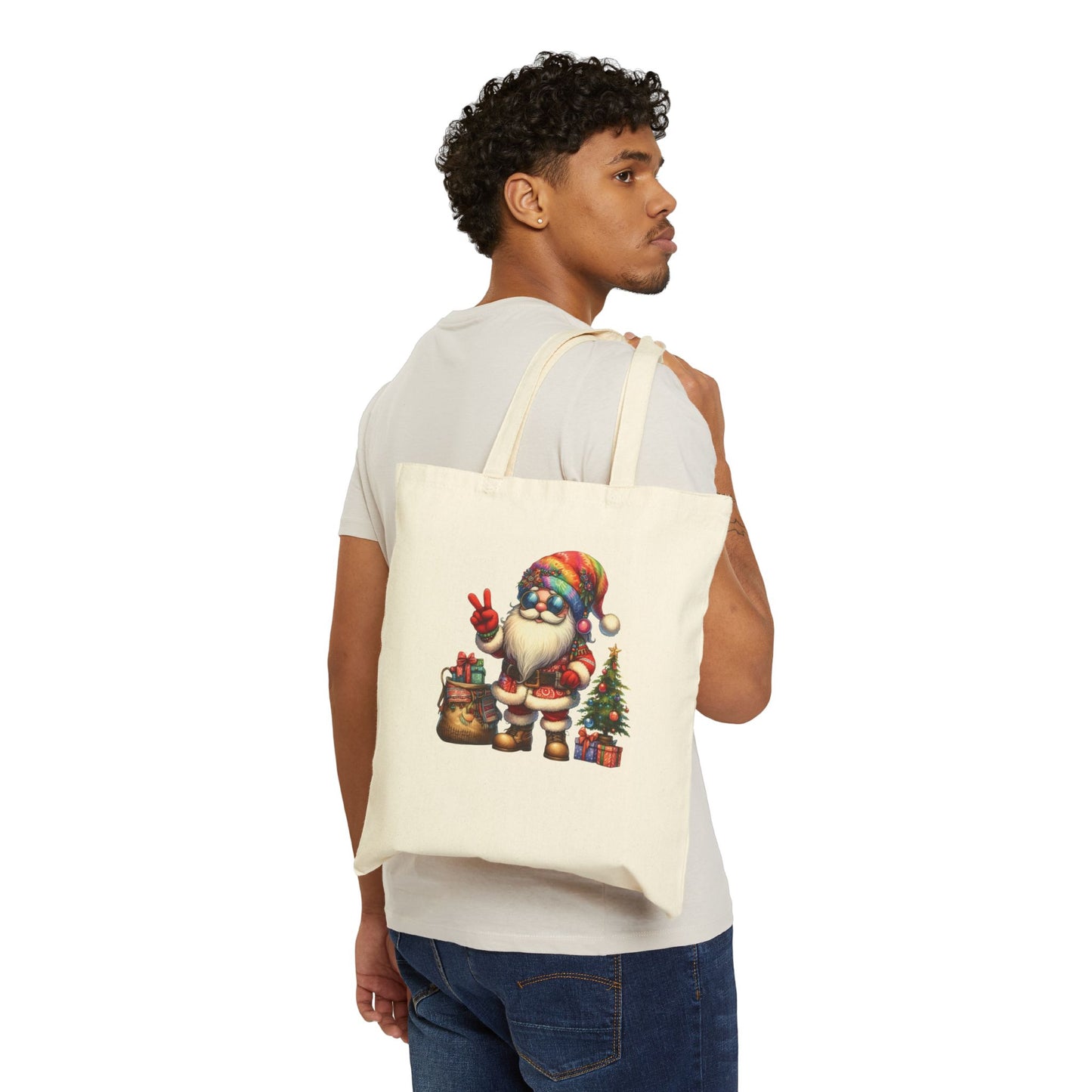 SANTA, CHRISTMAS GNOME. HIPPIE GNOME. Cotton Canvas Tote Bag in Black, or Natural.