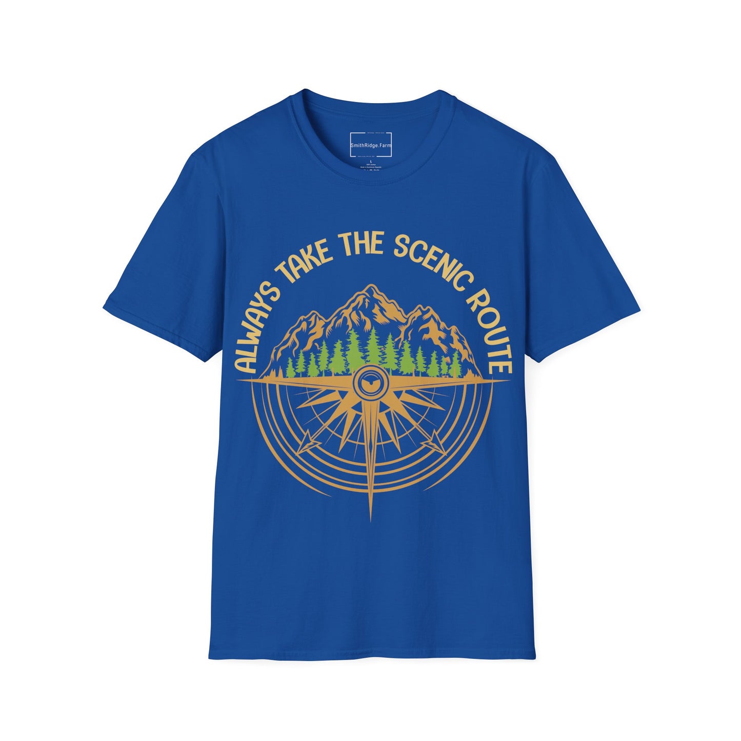 ALWAYS TAKE THE SCENIC ROUTE. HIKING HUMOR. Cotton, Short Sleeve, Crew Neck Tee.