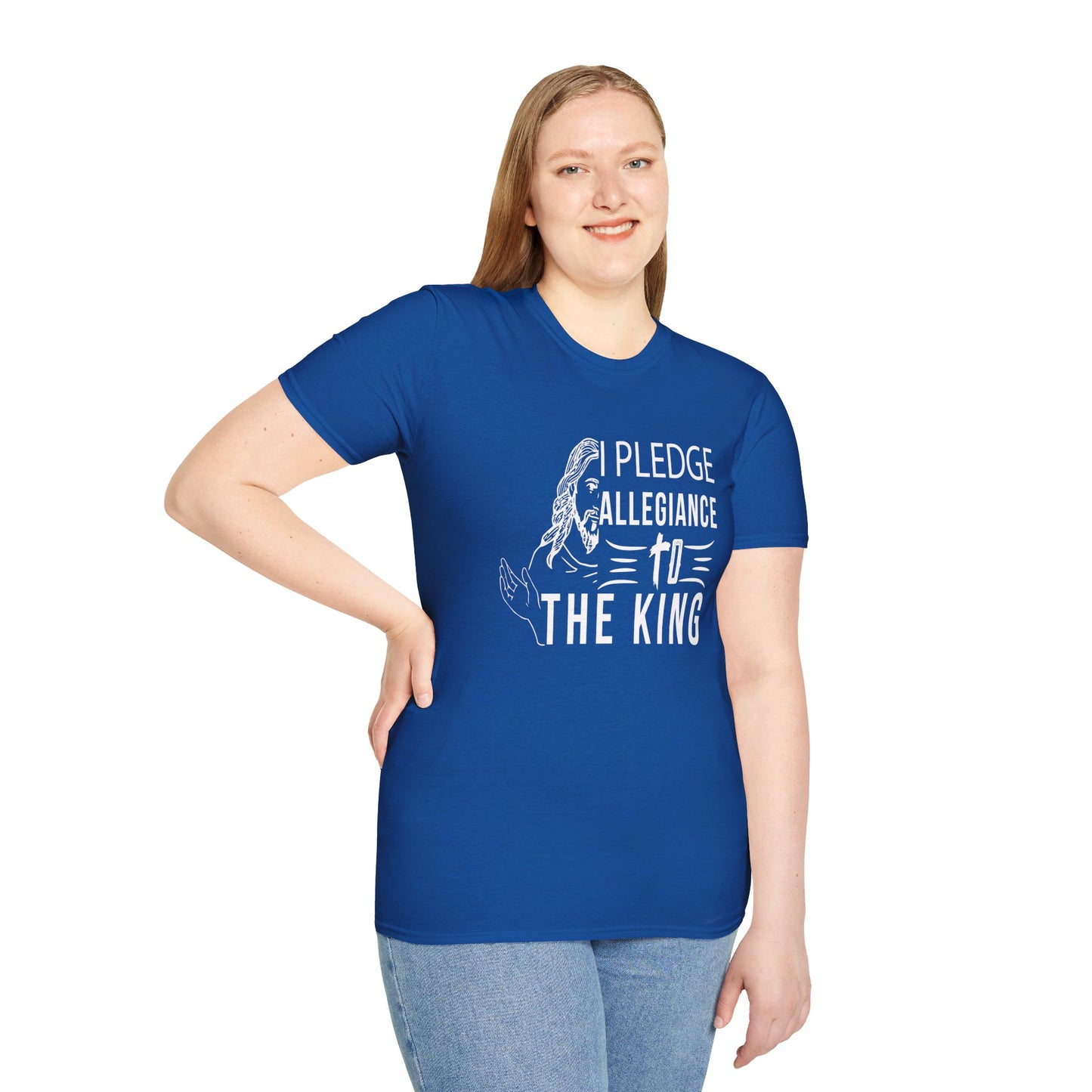 PLEDGE ALLEGIANCE TO THE KING. KING JESUS. Cotton, Short Sleeve, Crew Neck Tee.