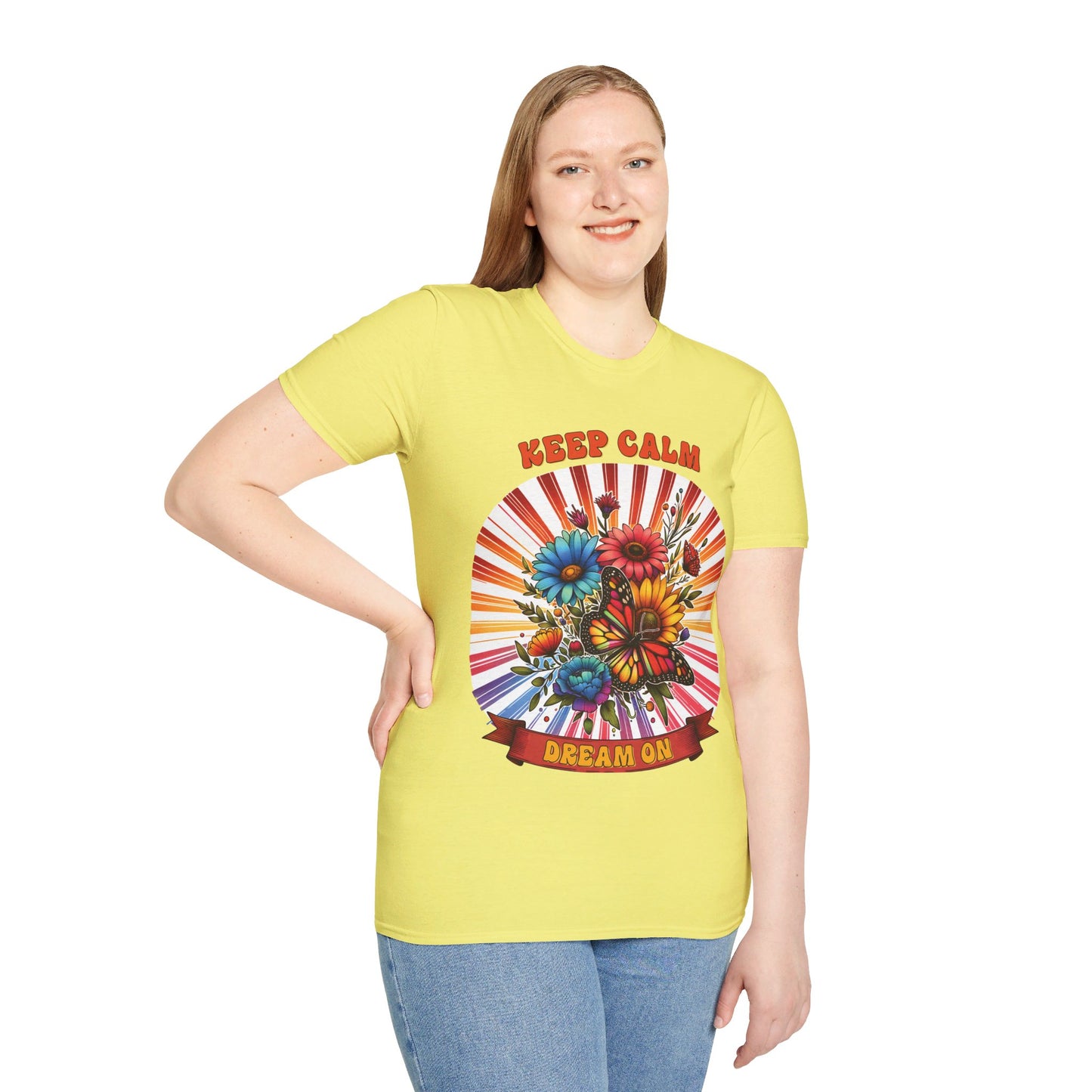 KEEP CALM, DREAM ON. HIPPIE HUMOR. Cotton, Short Sleeve, Crew Neck Tee.