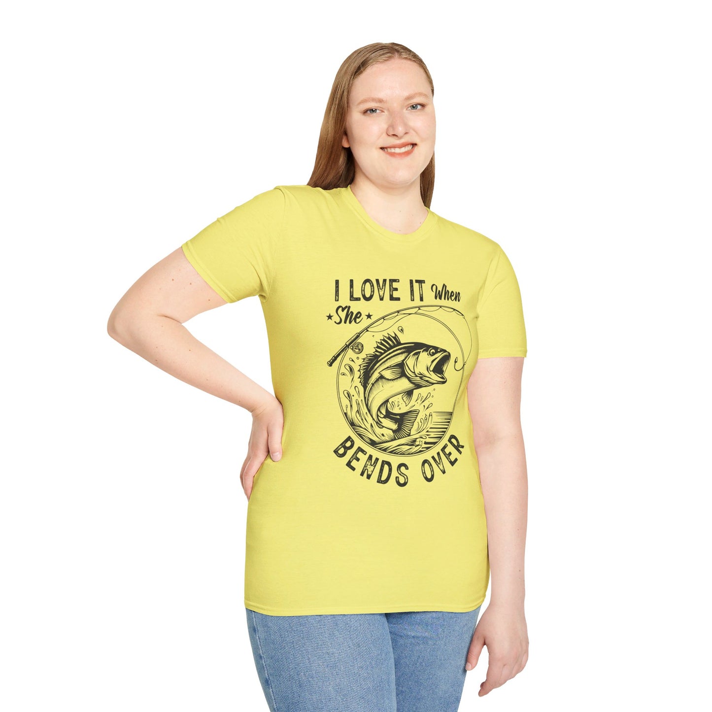 I LOVE IT WHEN SHE BENDS OVER. FISHING HUMOR. Cotton, Short Sleeve, Crew Neck Tee.