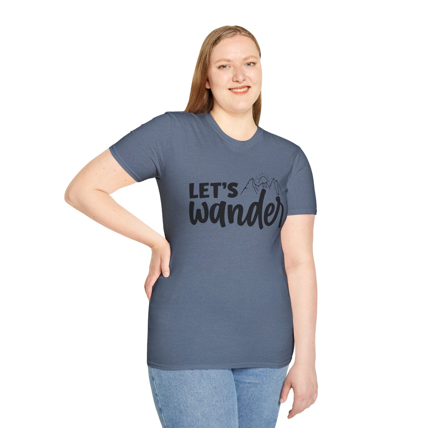 LET'S WANDER. HIKING HUMOR. Cotton, Short Sleeve, Crew Neck Tee.
