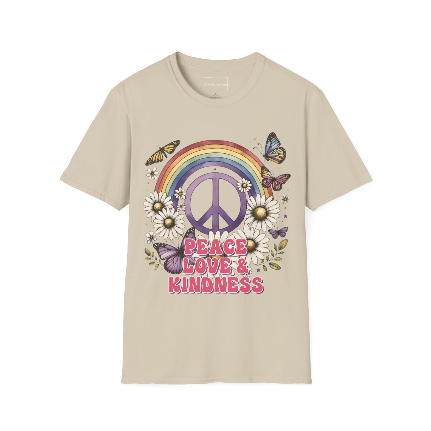 PEACE, LOVE, AND KINDNESS. Cotton, Short Sleeve, Crew Neck Tee.