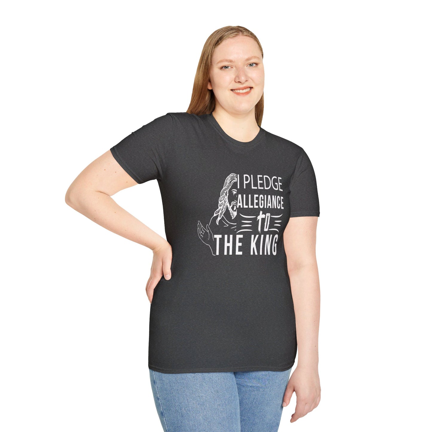 PLEDGE ALLEGIANCE TO THE KING. KING JESUS. Cotton, Short Sleeve, Crew Neck Tee.