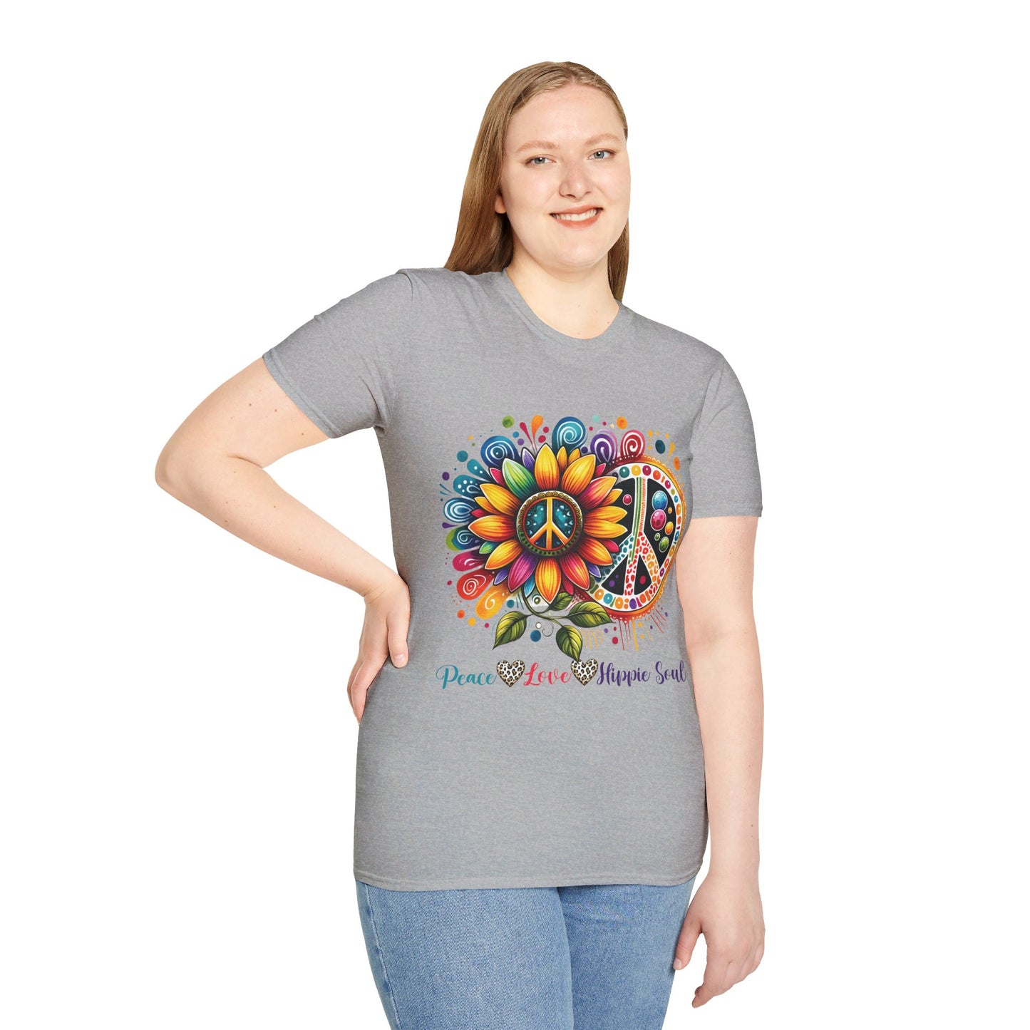 PEACE, LOVE, HIPPIE SOUL. Cotton, Short Sleeve, Crew Neck Tee.