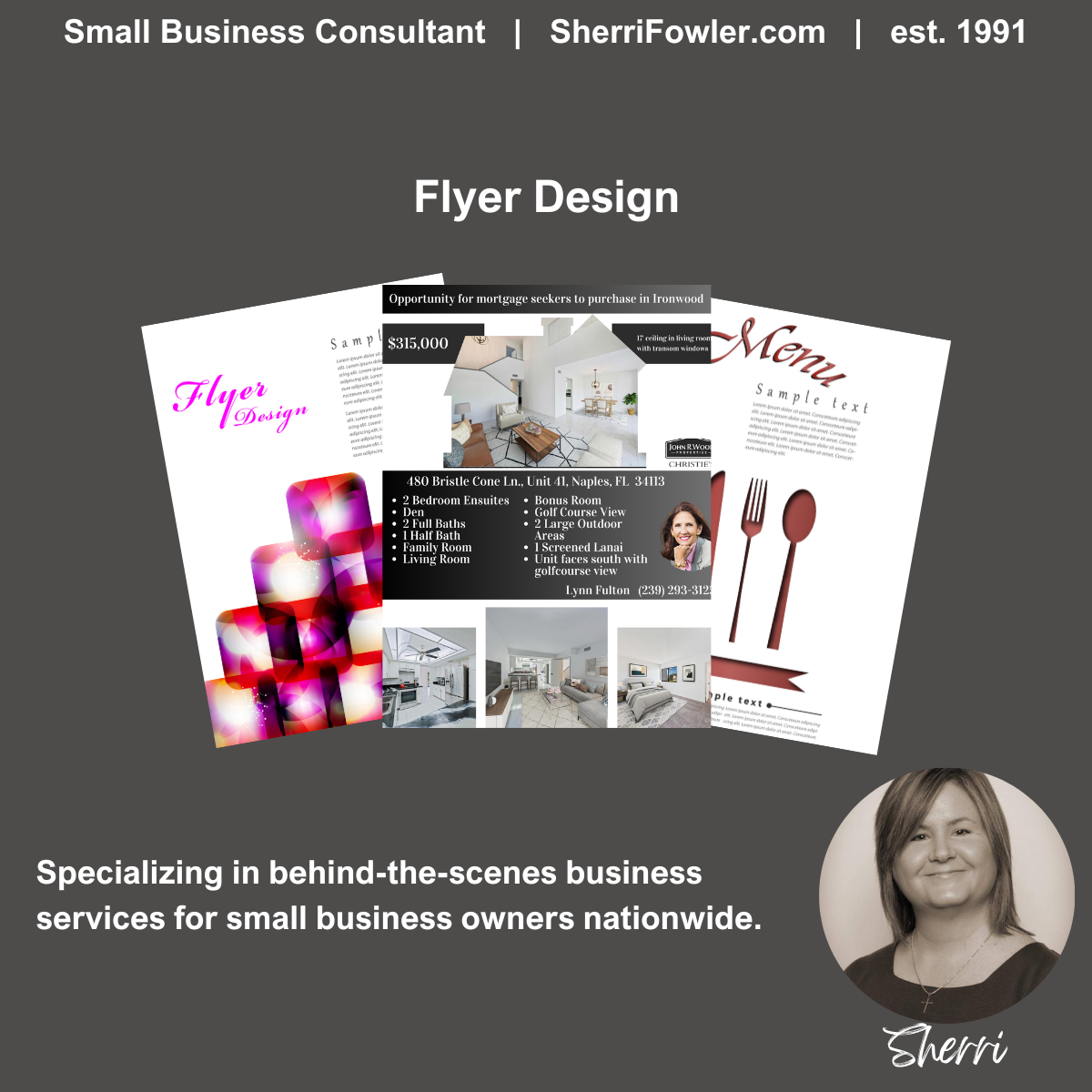 Flyer Design Service for small business owners and nonprofits includes creation and copywriting or content writing at SherriFowler.com