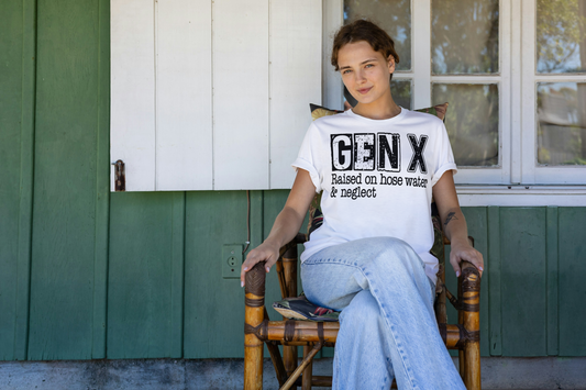 Generation X raised on hose water and neglect crewneck tee for women by SmithRidge.Farm. 