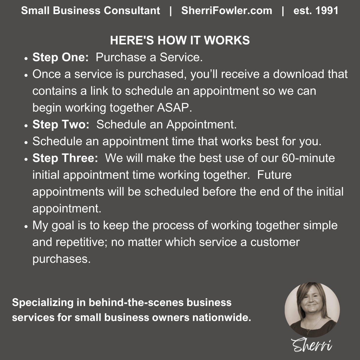 Sherri Smith provides business services to small business owners nationwide trhough SherriFowler.com