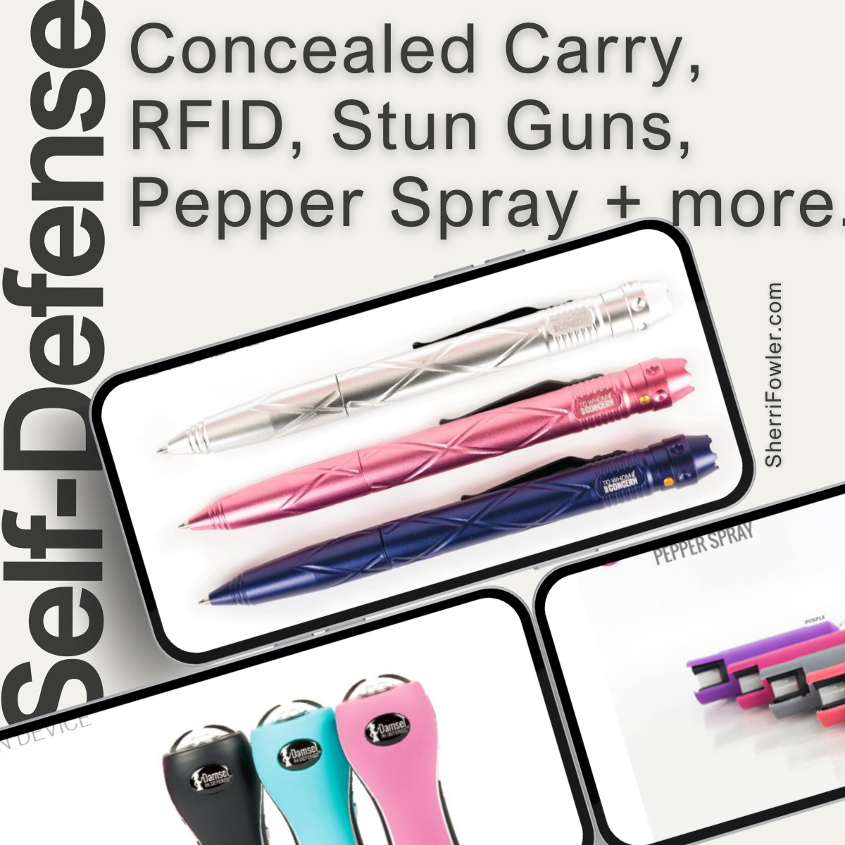 Sherri Fowler-Smith provides self-defense products: stun guns, pepper sprays, martial arts striking tools, tactical ink pens, personal alarms for home/travel, wearable whistles, etc. Shop sherrifowler.com