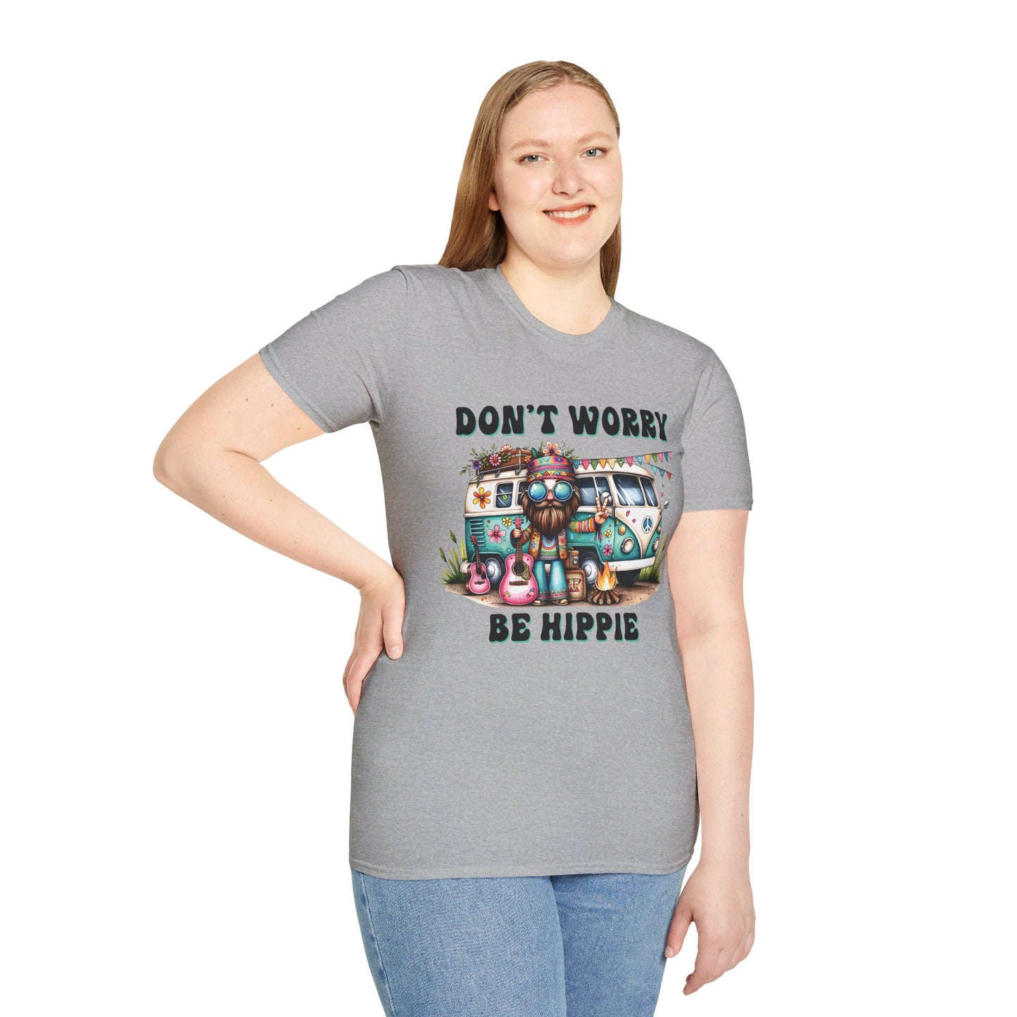 DON'T WORRY, BE HIPPIE. Cotton, Short Sleeve, Crew Neck Tee.