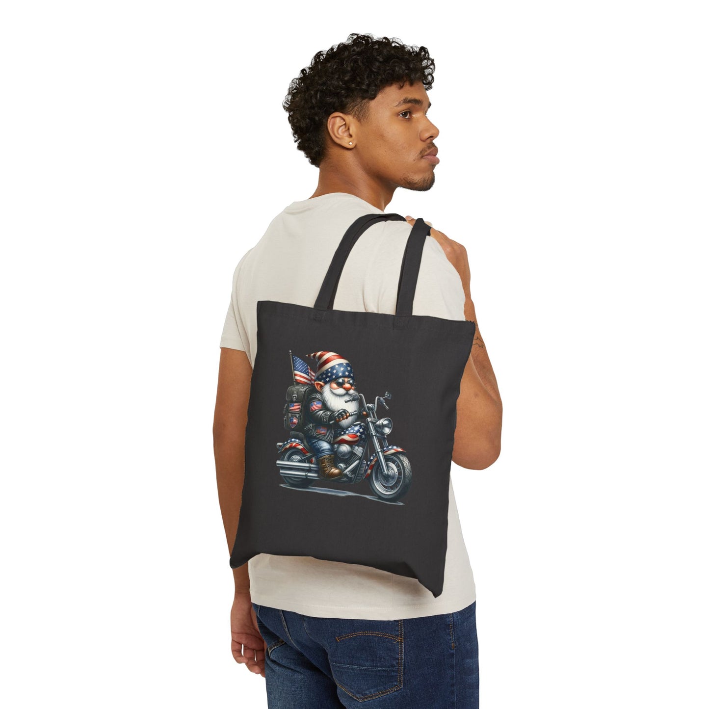 BIKER GNOME, AMERICAN FLAG THEME BIKER. Cotton Canvas Tote Bag in Black, or Natural.