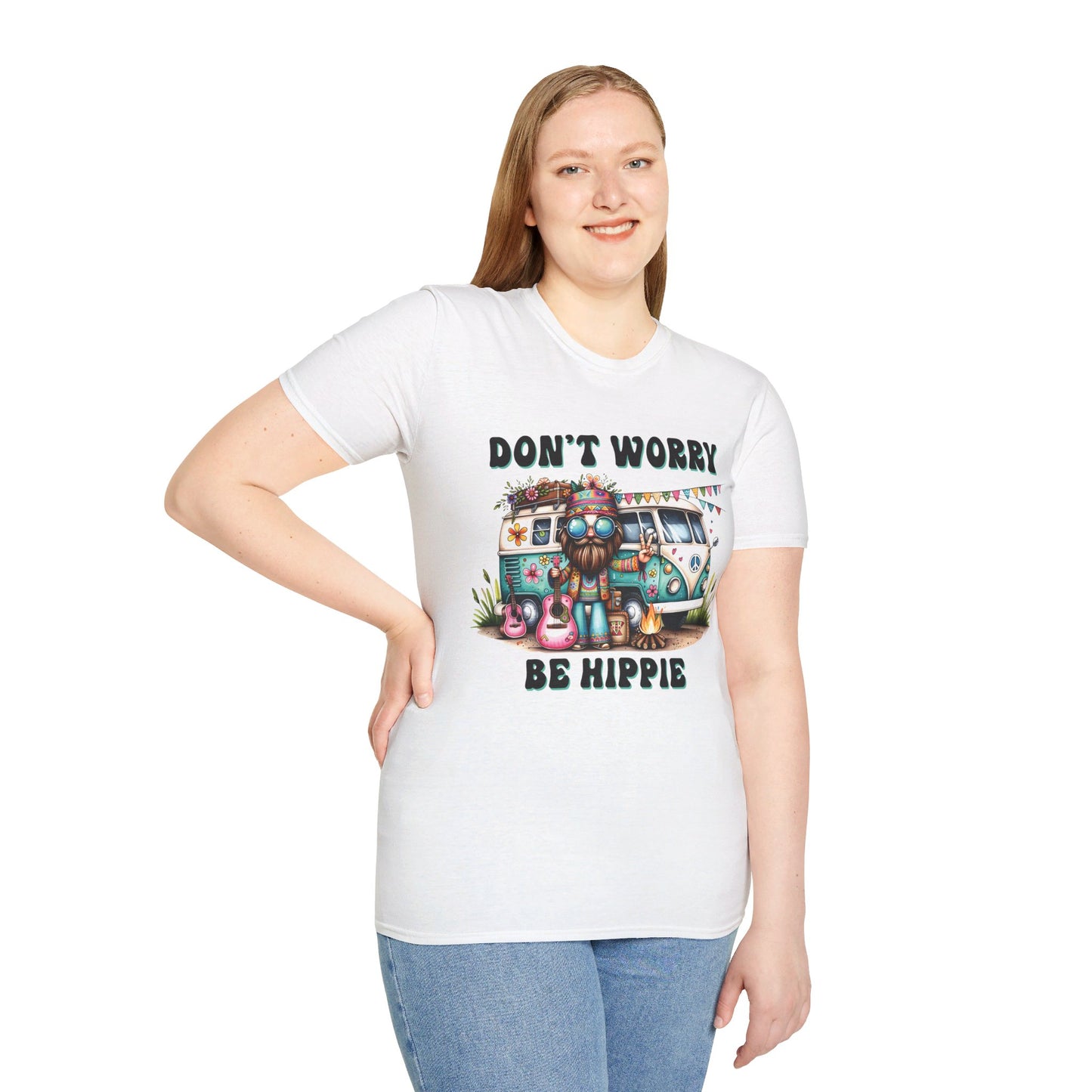 DON'T WORRY, BE HIPPIE. Cotton, Short Sleeve, Crew Neck Tee.