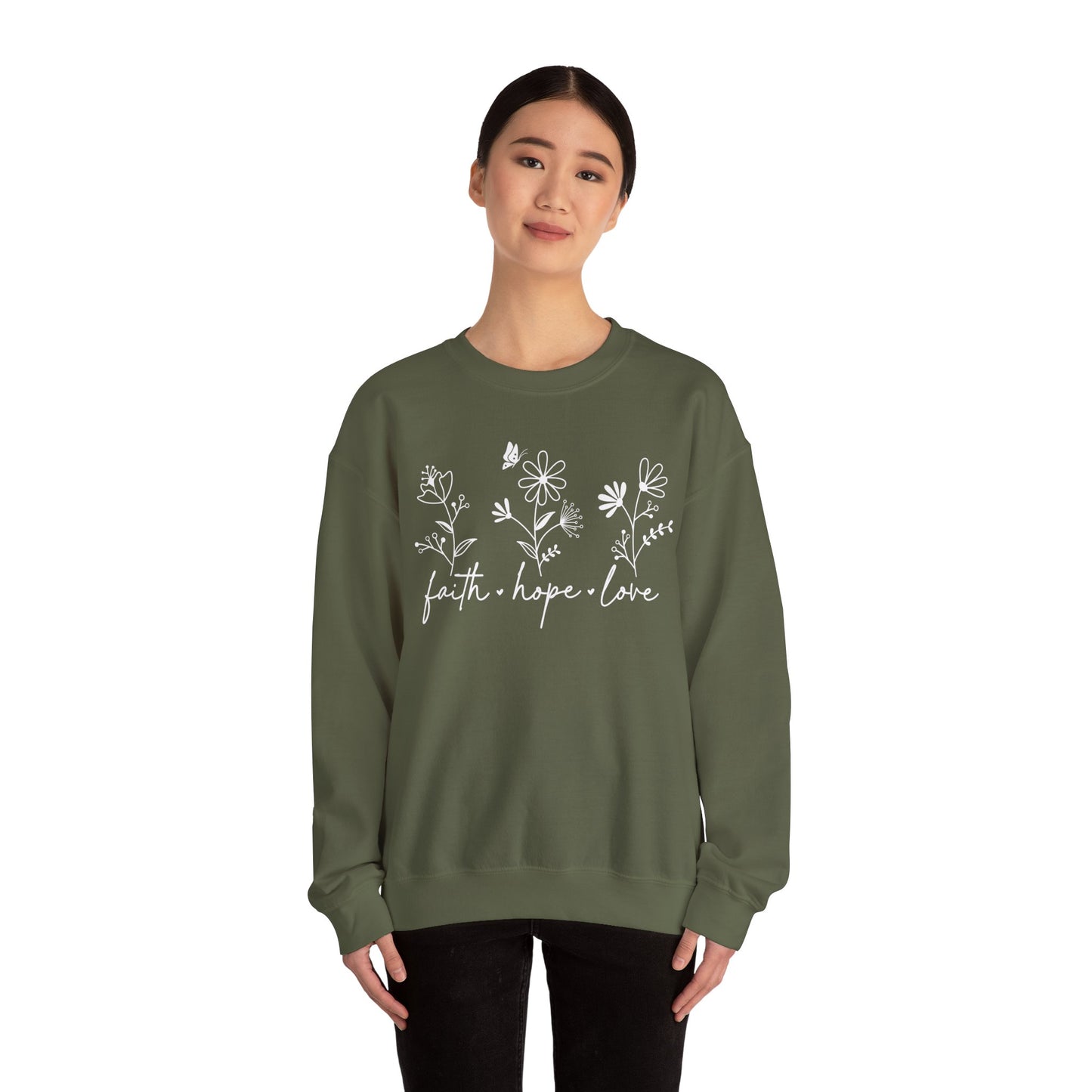 FAITH, HOPE, LOVE, FLOWERS. Unisex Heavy Blend Crewneck Sweatshirt.