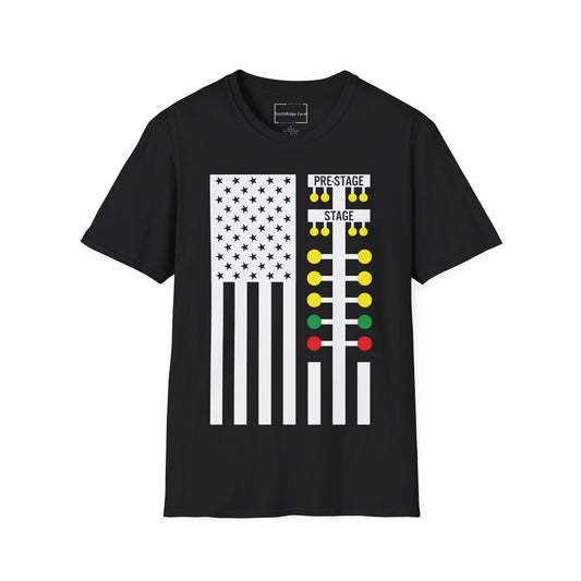 AMERICAN FLAG, STARTING LANE, AND TREE. DRAG RACING HUMOR. Cotton, Short Sleeve, Crew Neck Tee.