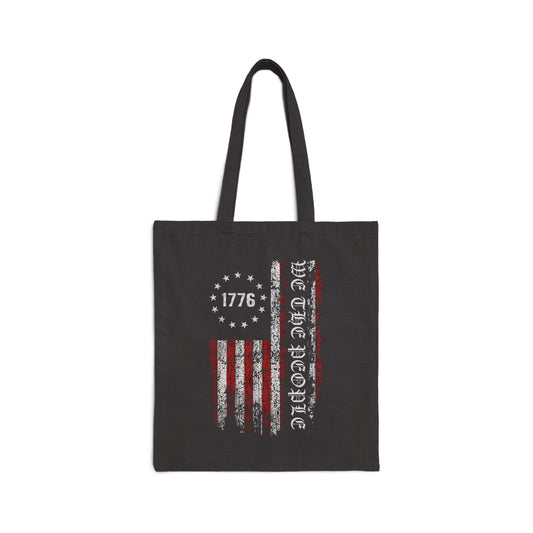 1776 WE THE PEOPLE WITH AMERICAN FLAG. Cotton Canvas Tote Bag in Black.