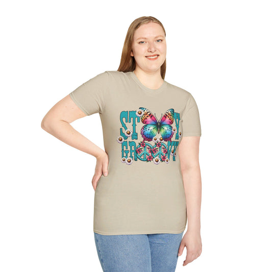 STAY GROOVY. HIPPIE HUMOR. Cotton, Short Sleeve, Crew Neck Tee.