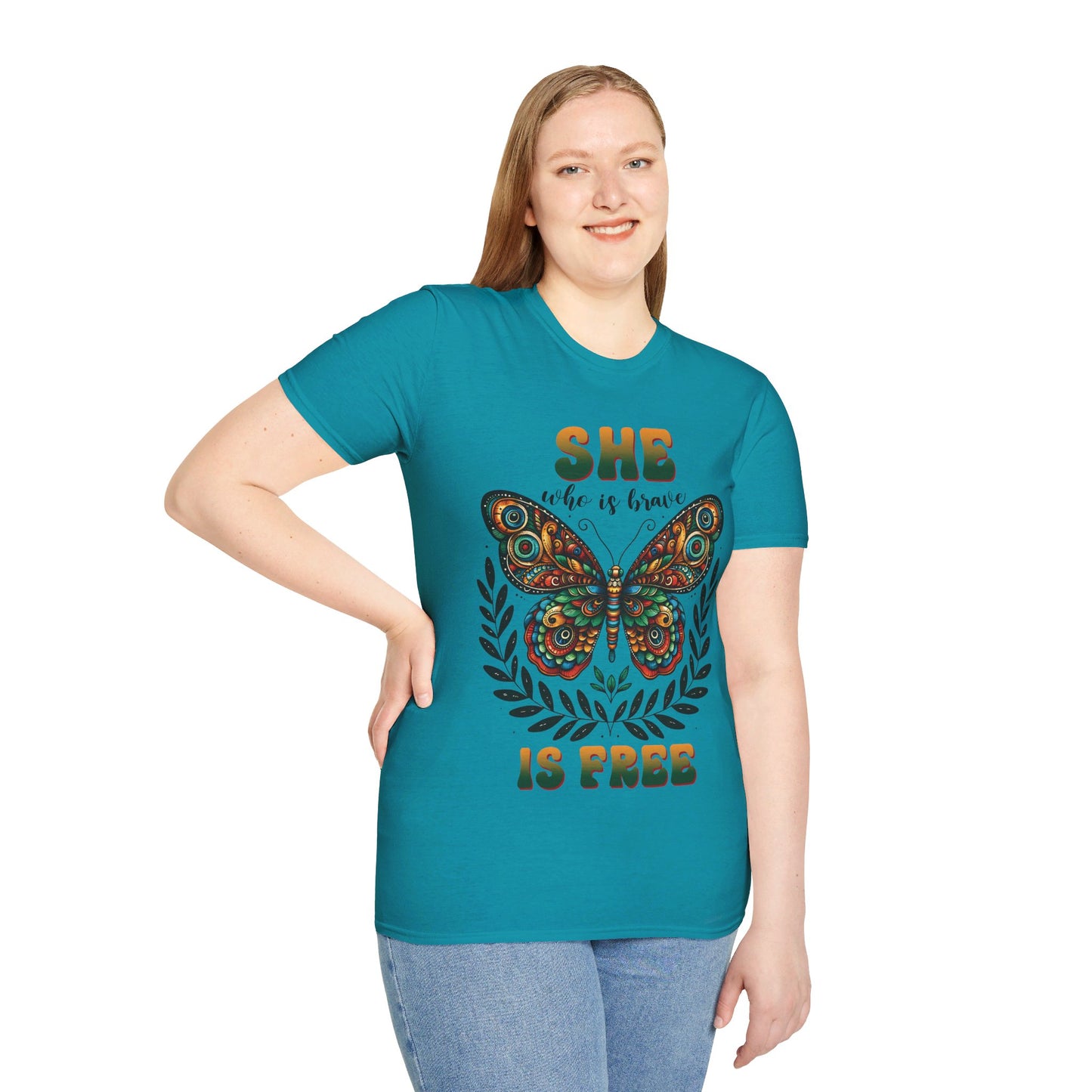 SHE WHO IS BRAVE IS FREE. Cotton, Short Sleeve, Crew Neck Tee.