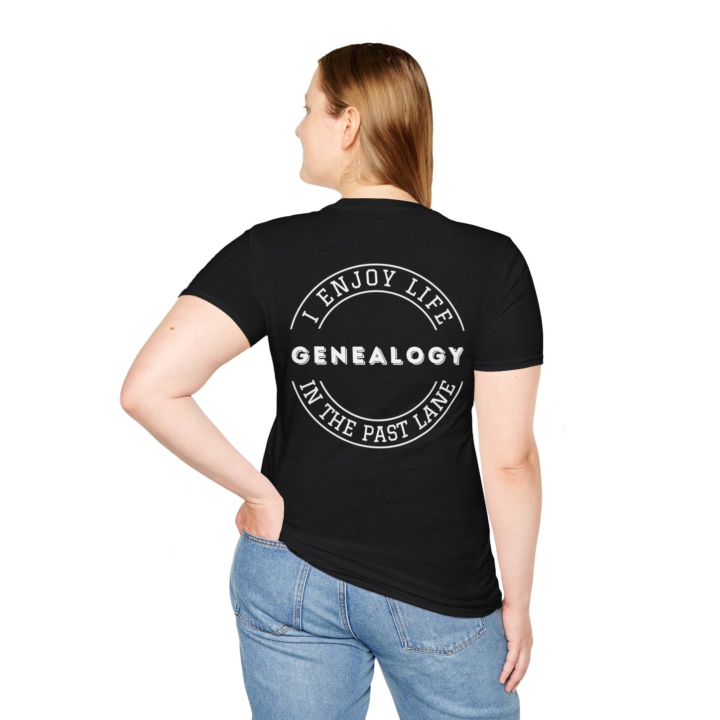 GENEALOGY. I ENJOY LIFE IN THE PAST LANE. Cotton, Short Sleeve, Crew Neck Tee in Dark Colors.