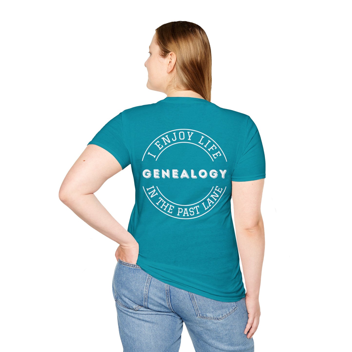 GENEALOGY. I ENJOY LIFE IN THE PAST LANE. Cotton, Short Sleeve, Crew Neck Tee in Dark Colors.