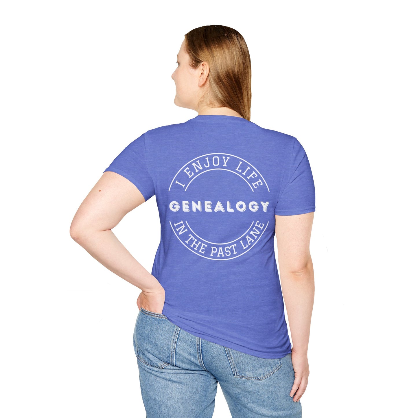 GENEALOGY. I ENJOY LIFE IN THE PAST LANE. Cotton, Short Sleeve, Crew Neck Tee in Dark Colors.