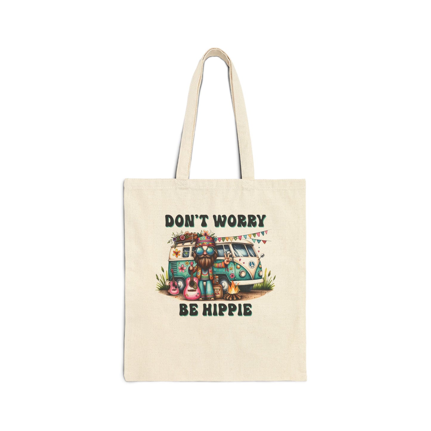 DON'T WORRY, BE HIPPIE. Cotton Canvas Tote Bag in Natural.