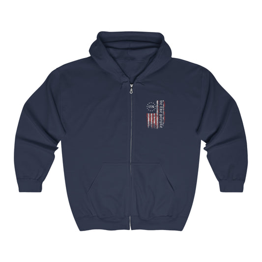 1776 WE THE PEOPLE WITH AMERICAN FLAG. Unisex Heavy Blend Full Zip Hooded Sweatshirt in Light Colors.