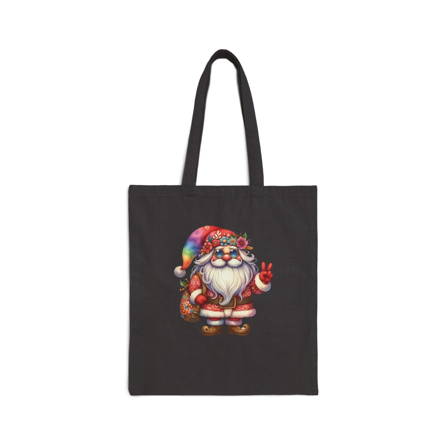 HIPPIE GNOME. CHRISTMAS GNOME. SANTA GNOME. Cotton Canvas Tote Bag in Natural, or Black.