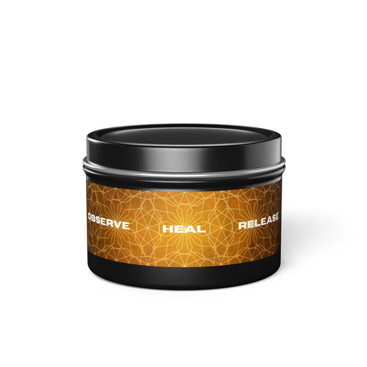 OBSERVE. HEAL. RELEASE. Tin Candle made of coconut and soy wax designed by SmithRidge.farm.