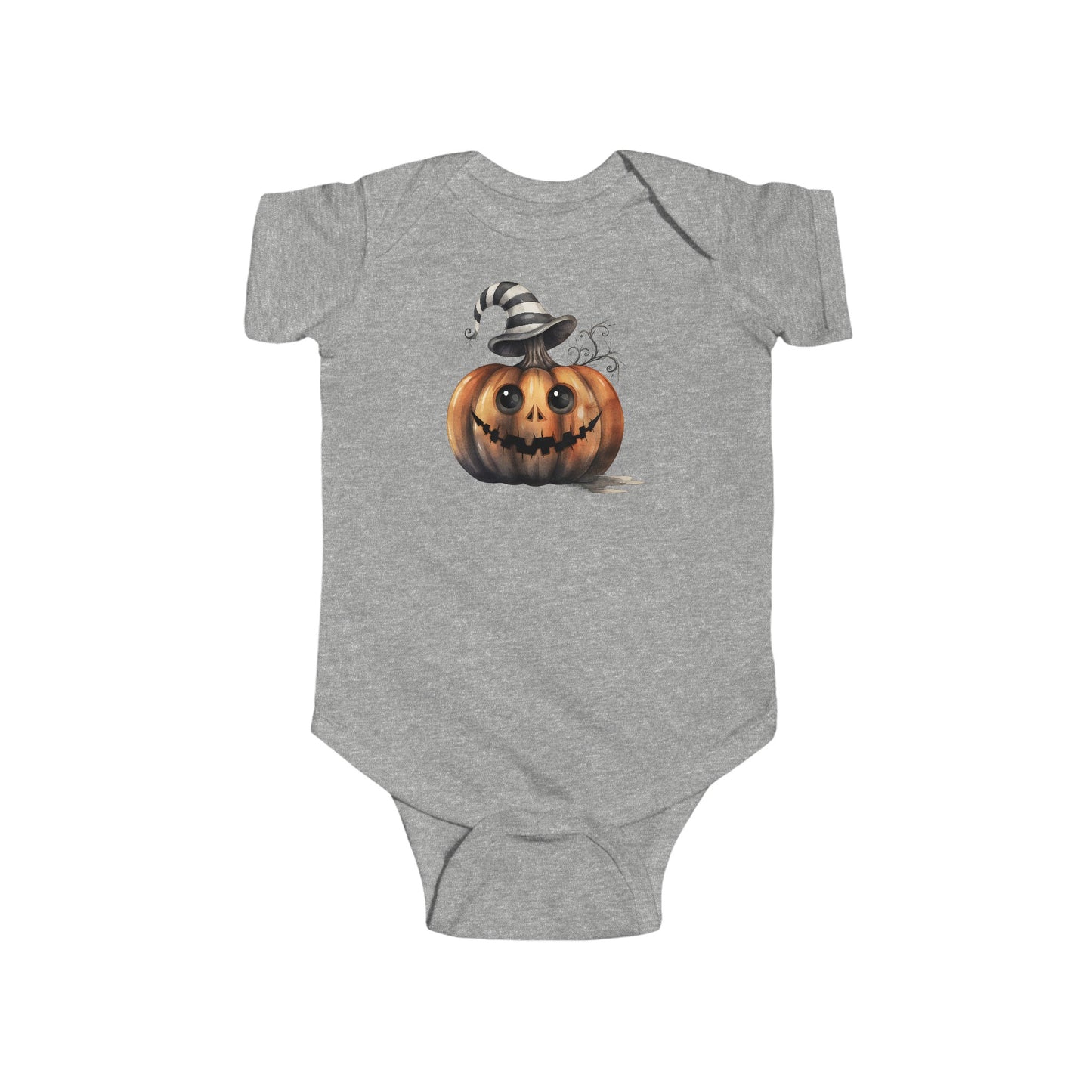 ADORABLE HALLOWEEN PUMPKIN WITH STRIPED HAT. Infant Fine Jersey Bodysuit in Light Colors.