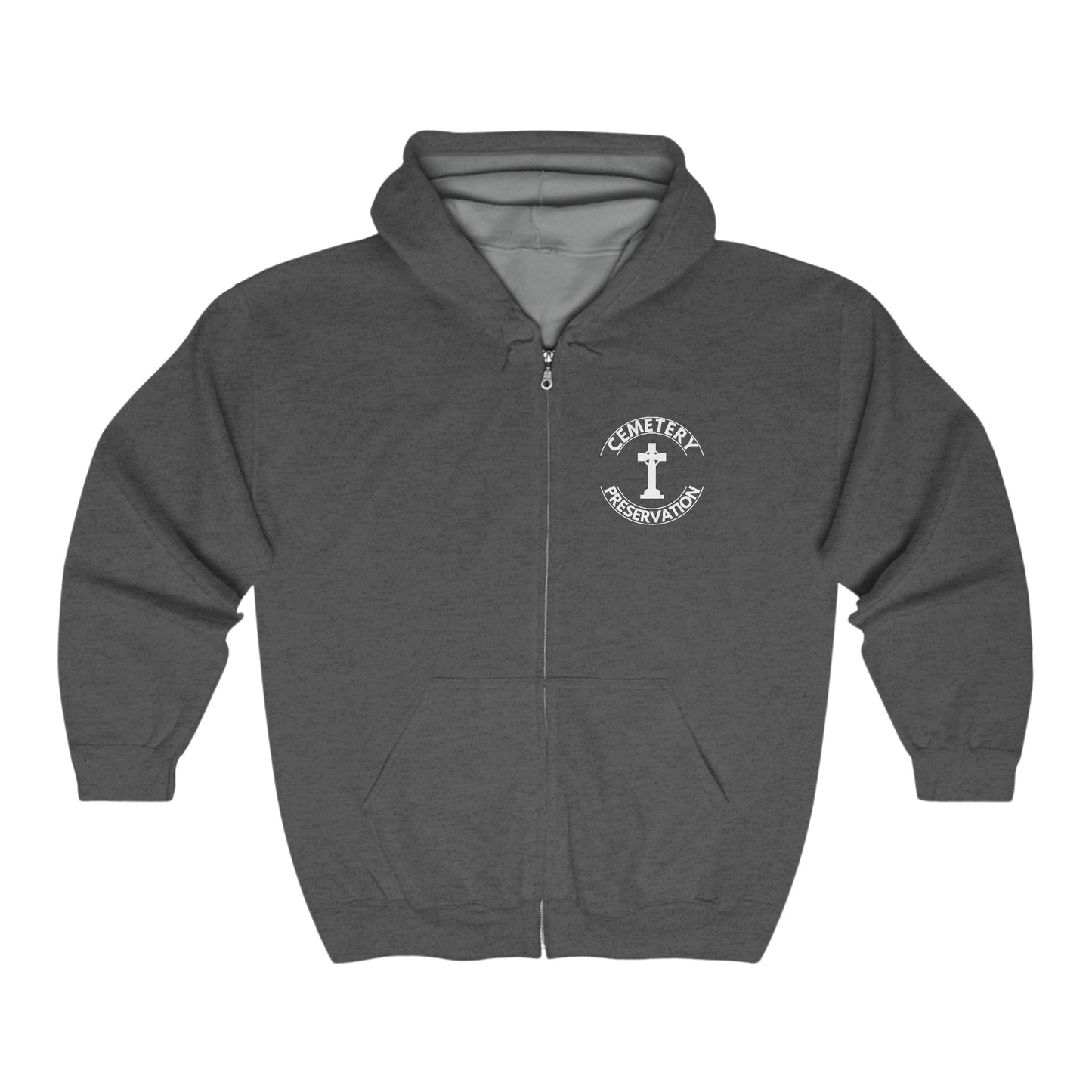 CEMETERY PRESERVATION. Unisex Heavy Blend Full Zip Hooded Sweatshirt in Dark Colors.