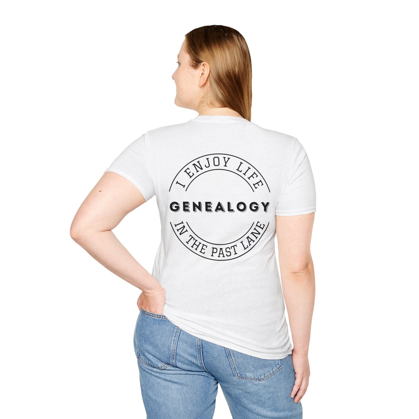 GENEALOGY. I ENJOY LIFE IN THE PAST LANE. Cotton, Short Sleeve, Crew Neck Tee in Light Colors.