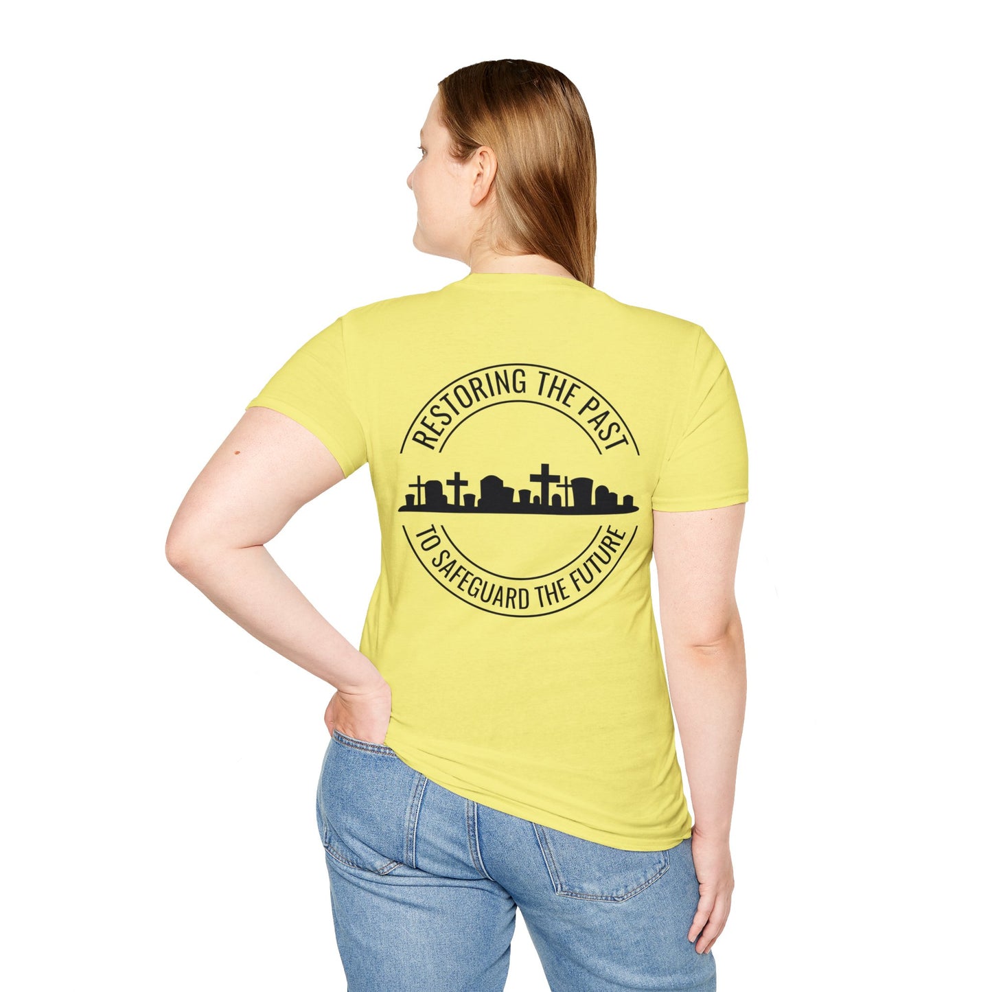 RESTORING THE PAST TO SAFEGUARD THE FUTURE. SAVE OUR CEMETERIES. Cotton, Short Sleeve, Crew Neck Tee in Light Colors.