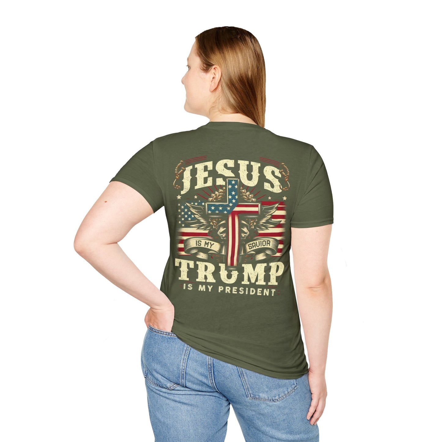 JESUS IS MY SAVIOR AND TRUMP IS MY PRESIDENT. Cotton, Short Sleeve, Crew Neck Tee.