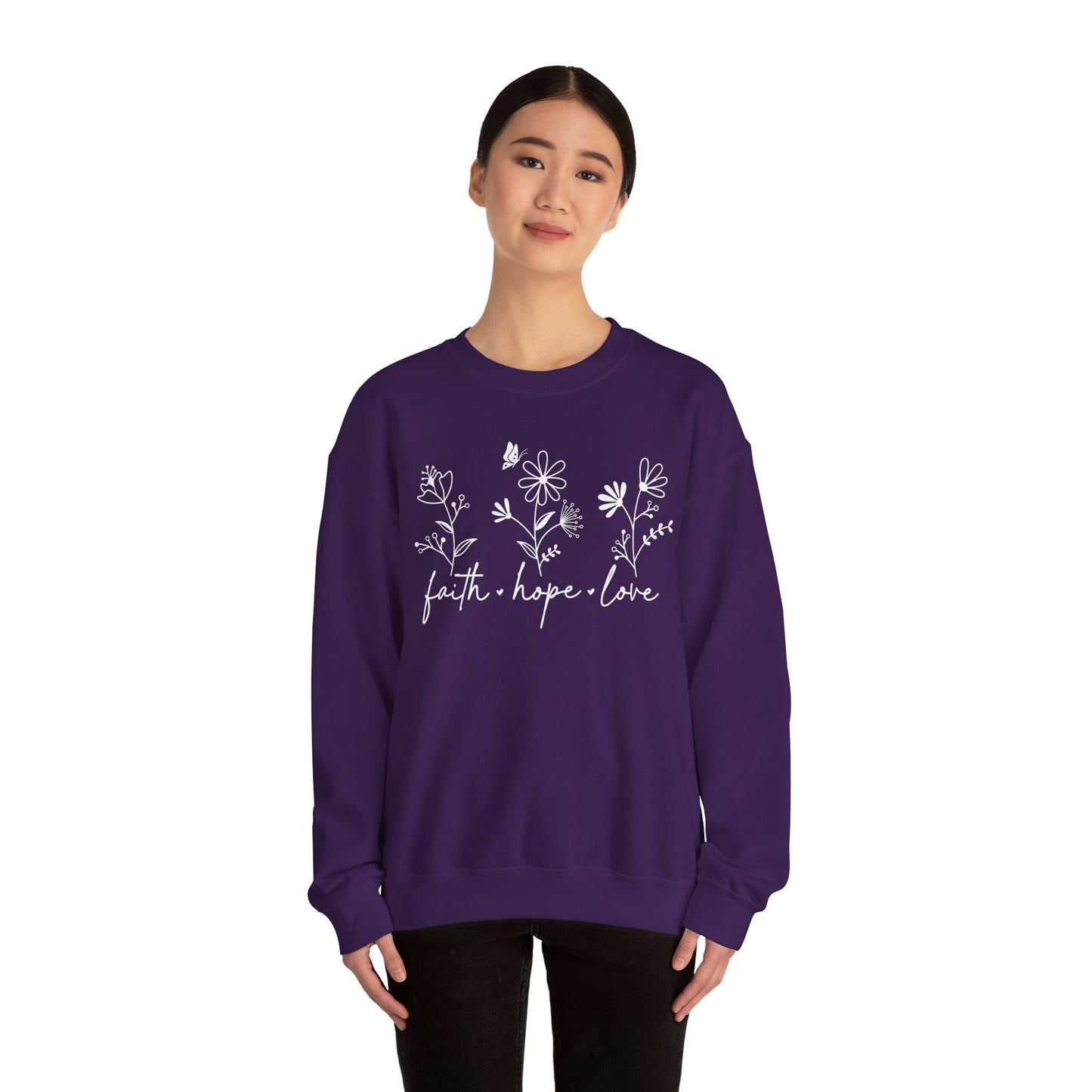 FAITH, HOPE, LOVE, FLOWERS. Unisex Heavy Blend Crewneck Sweatshirt.