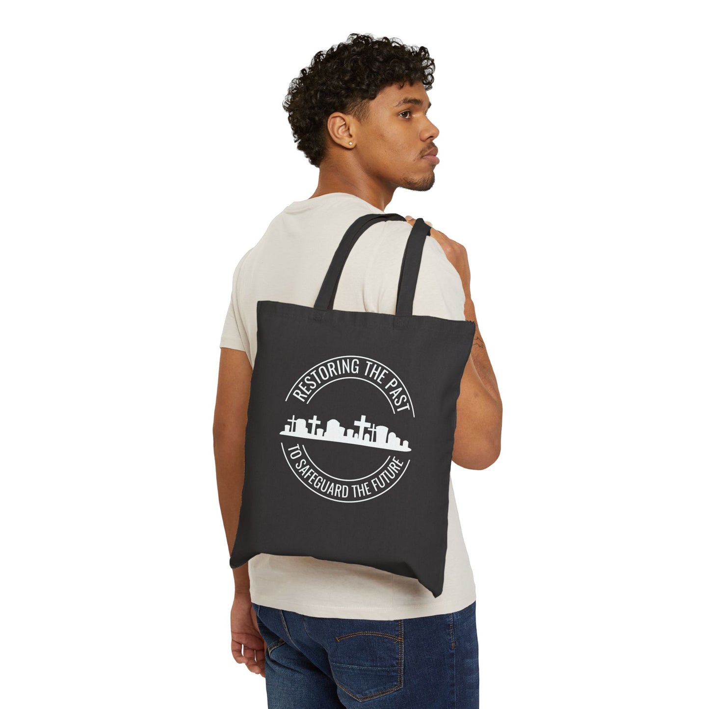 RESTORING THE PAST TO SAFEGUARD THE FUTURE. SAVE OUR CEMETERIES. Cotton Canvas Tote Bag in Black.