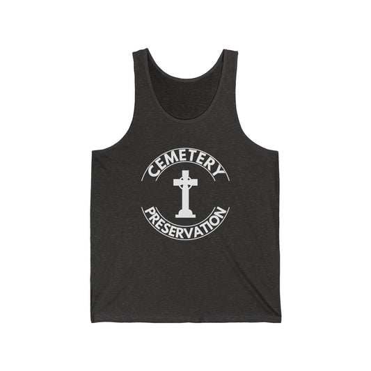 CEMETERY PRESERVATION. Unisex Jersey Tank Top in Dark Colors.