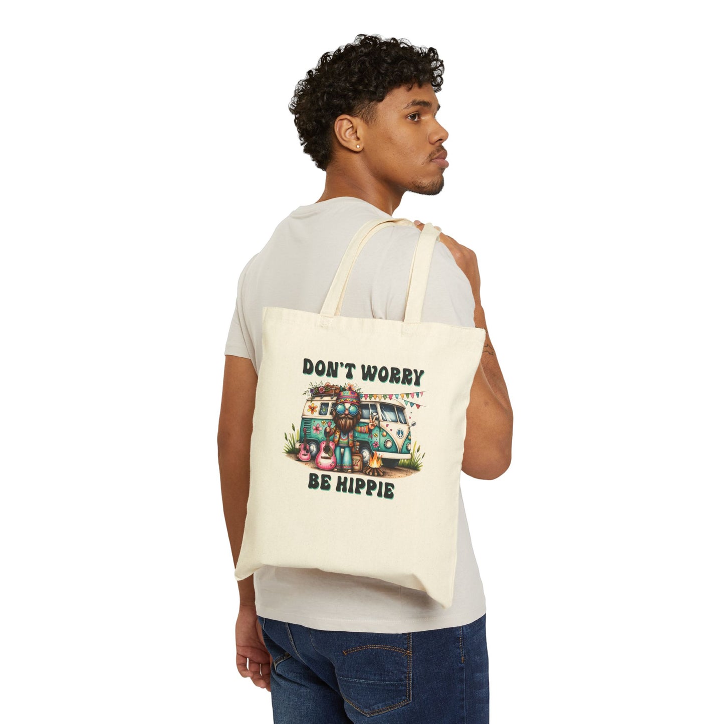 DON'T WORRY, BE HIPPIE. Cotton Canvas Tote Bag in Natural.