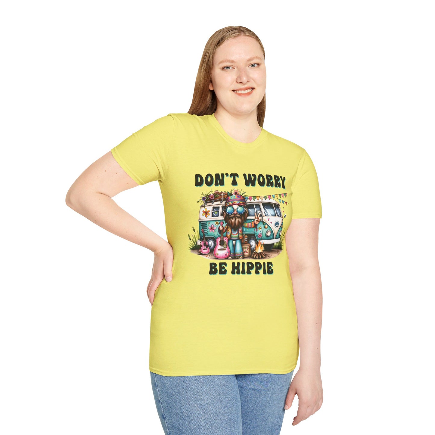 DON'T WORRY, BE HIPPIE. Cotton, Short Sleeve, Crew Neck Tee.