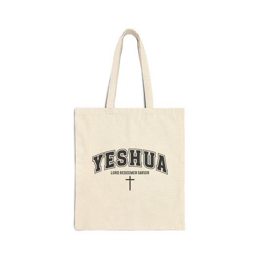 YESHUA, LORD, REDEEMER, SAVIOR. Cotton Canvas Tote Bag in Natural.