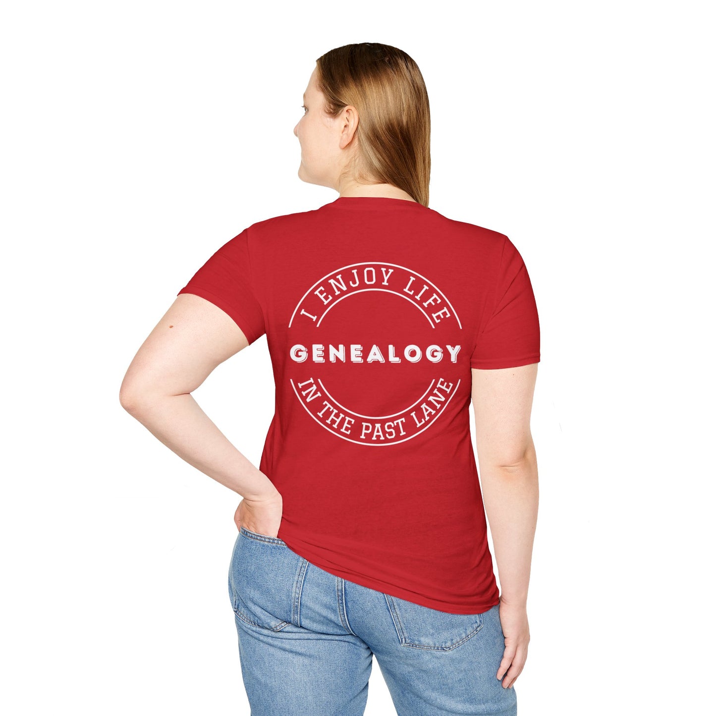 GENEALOGY. I ENJOY LIFE IN THE PAST LANE. Cotton, Short Sleeve, Crew Neck Tee in Dark Colors.