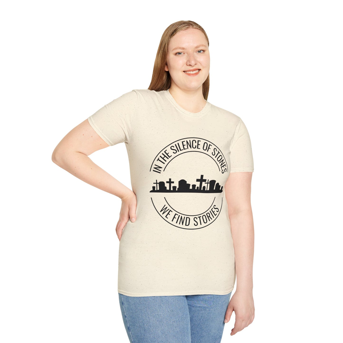 IN THE SILENCE OF STONES WE FIND STORIES. GENEALOGY LOVERS. Cotton, Short Sleeve, Crew Neck Tee in Light Colors.