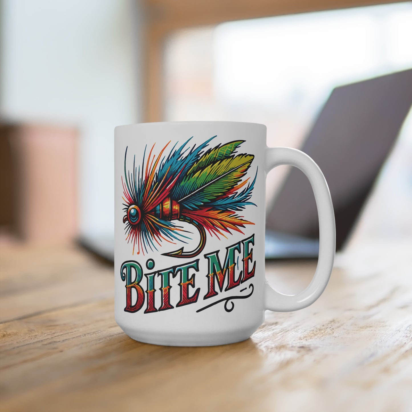 BITE ME. FISHING HUMOR. 15oz Coffee, Tea, Hot Chocolate Mug.