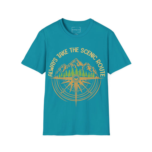 ALWAYS TAKE THE SCENIC ROUTE. HIKING HUMOR. Cotton, Short Sleeve, Crew Neck Tee.