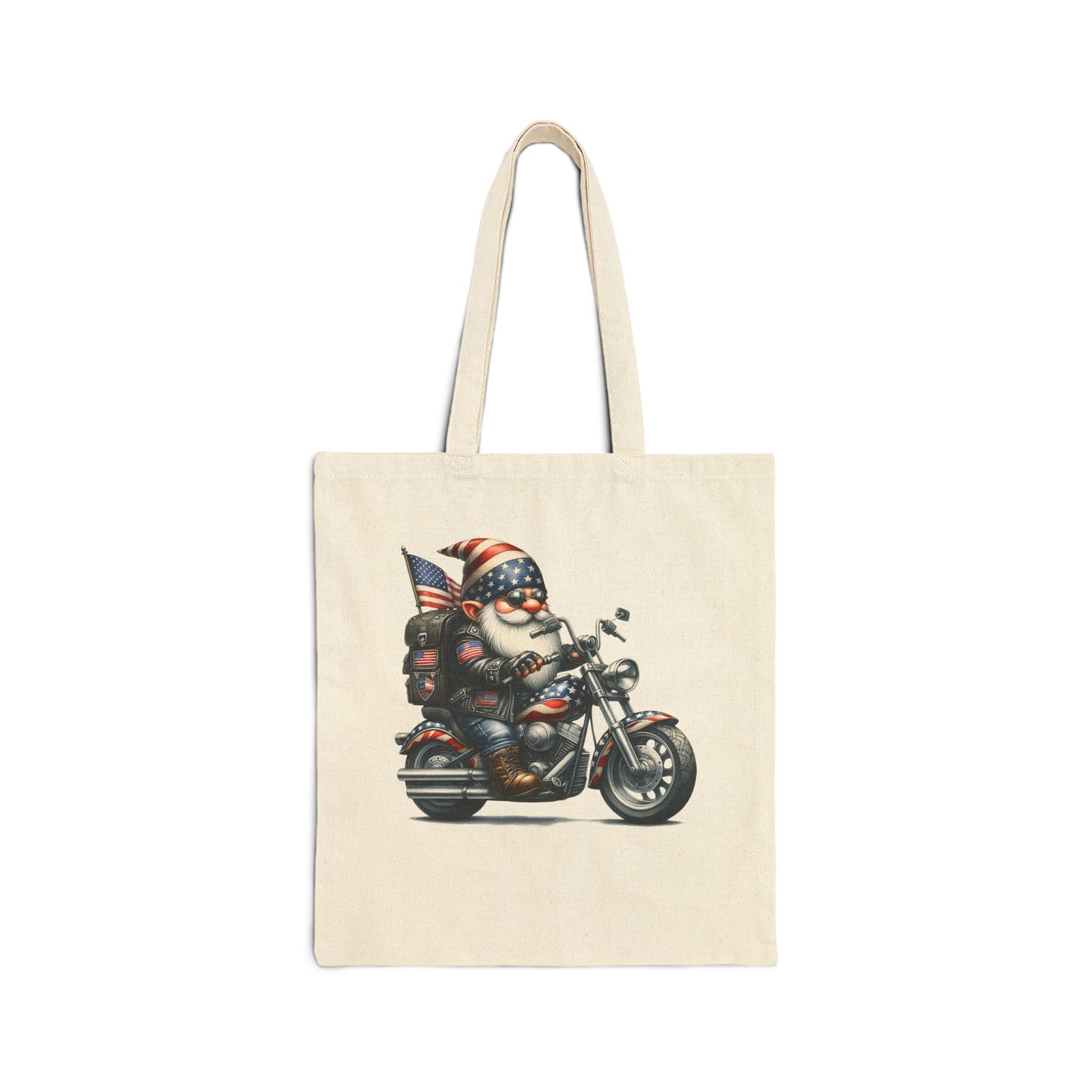 BIKER GNOME, AMERICAN FLAG THEME BIKER. Cotton Canvas Tote Bag in Black, or Natural.